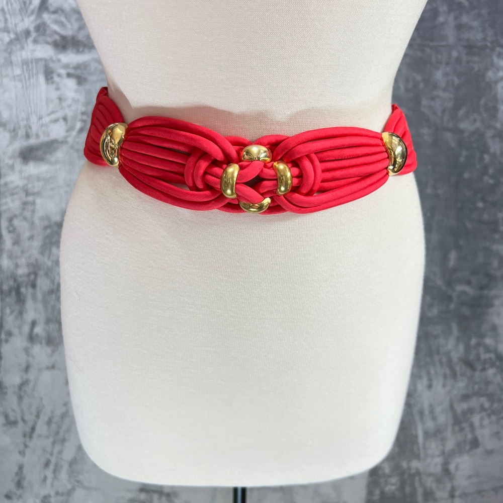 Retro Pink Wide Waist Statement Belt Gold Hardware Knotted Braided Cord Coquette